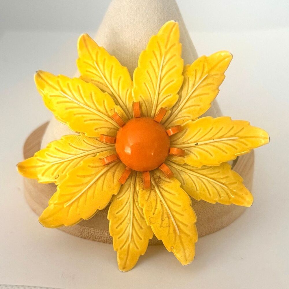 Vintage Yellow Orange Enamel Flower Brooch 1960s Flower Power